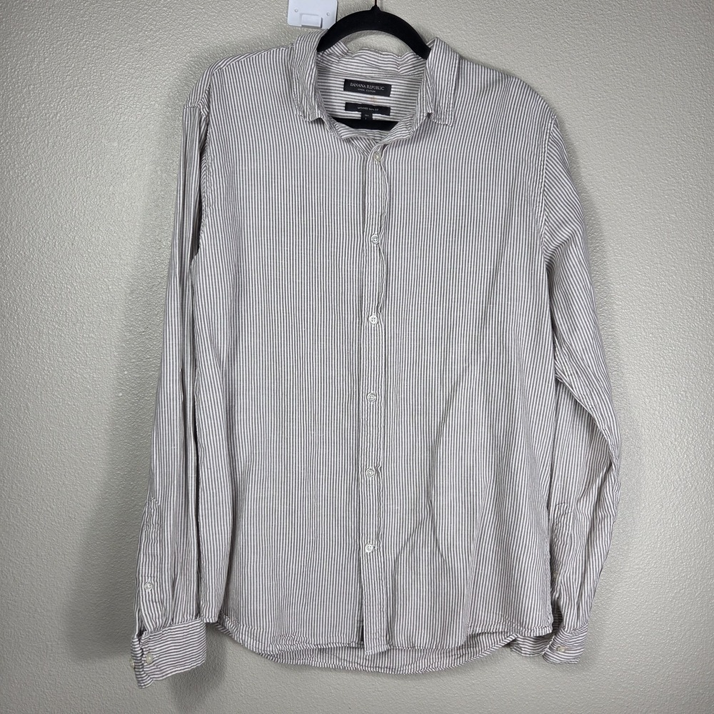 Banana‎ Republic Linen Cotton Shirt Mens Large Tall Brown White Stripe Button...